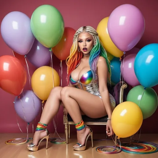 Prompt: Chrome Rainbow medusa microbraided blonde and rainbow hair revealing extra large cleavage full lips
with high heel shoes lip shaped balloons multicolored 