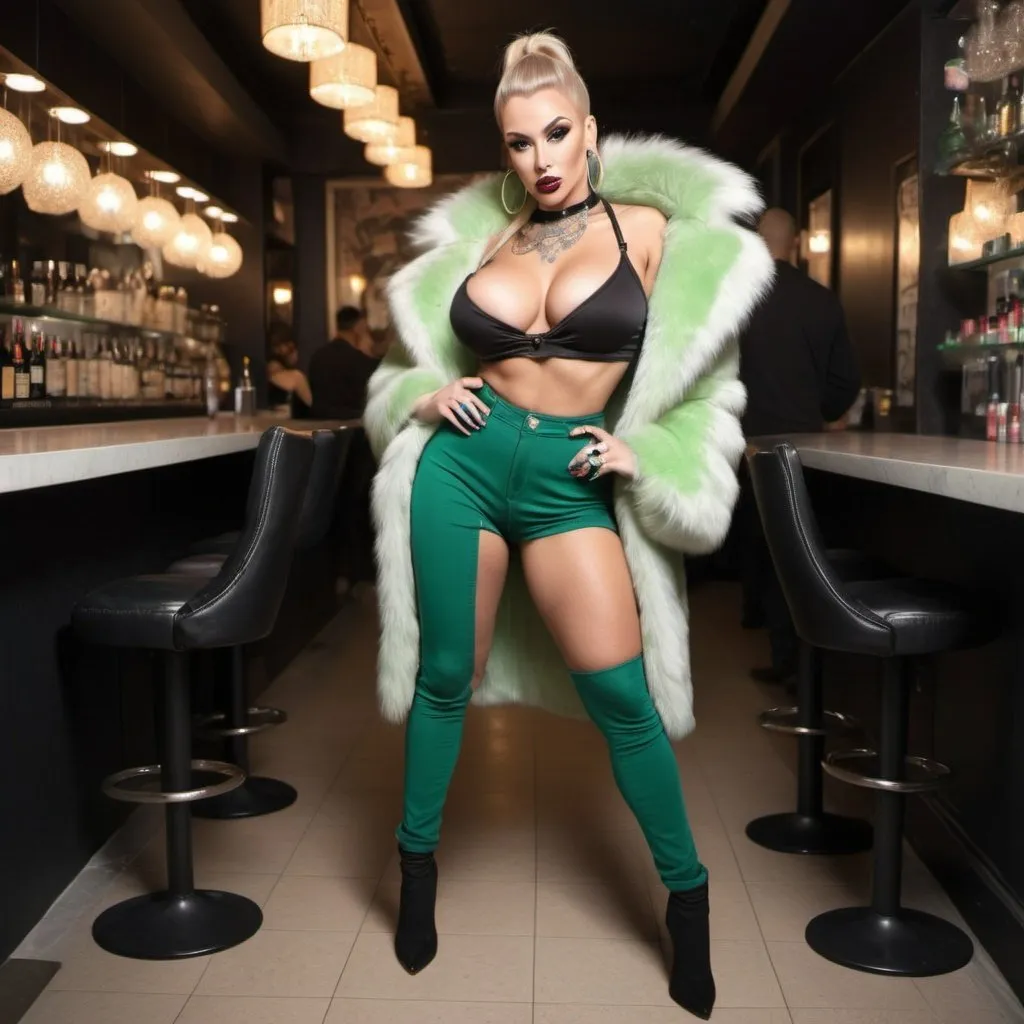 Prompt: Blonde ringlette pigtail hair nateral hip-hop human female with extra large revealing cleavage full lips wearing designer makeup and holy freyed tight outfit fur coat high heels on a date with a muscular tattooed dark haired green eyed man