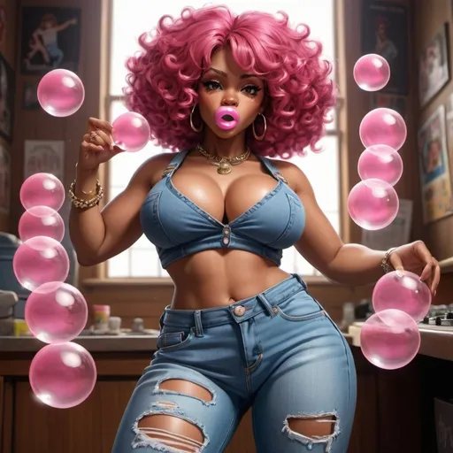 Prompt: Little Annie hip-hop character female with extra large revealing cleavage and holy freyed tight jeans chewing bubble gum