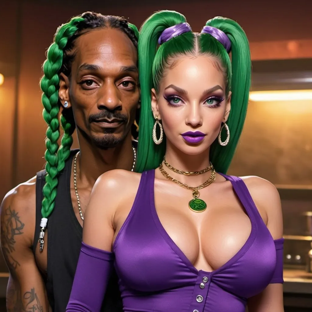 Prompt: Purple  ringlette pigtail hair green eyes nateral hip-hop character female with extra large revealing cleavage full lips wearing designer makeup and wearing a  revealing exotic and standing next to snoop dogg