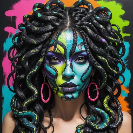 Prompt: Art portrait Color black and multi neon print page Graffiti art face microbraided snake long medusa hair charachter revealing cleavage graffiti art face make up print sedusa adornment