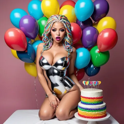 Prompt: boquets of chrome kiss lips balloons chrome Rainbow medusa microbraided blonde and rainbow hair revealing extra large cleavage full lips
with high heel shoes lip shaped balloons multicolored and surprise popping outta the center if a huge cake