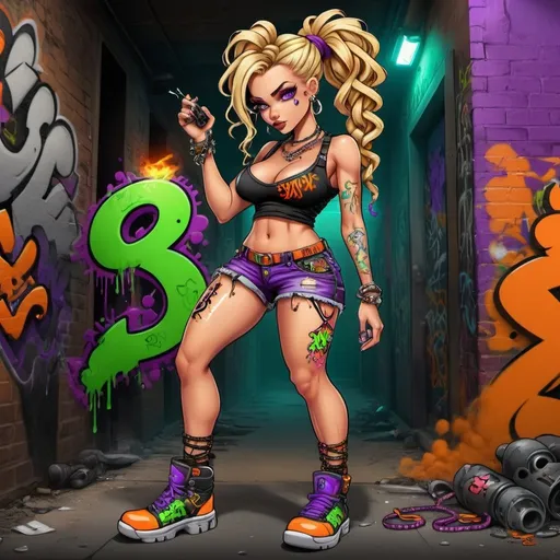 Prompt: A thug ghetto blonde cartoon characture multicolored microbraided hair female with green eyes revealing extra large cleavage wearing tight multicolored neon purple neon orange and black graffiti outfit and shoes graffiti steam punk spraybomb
