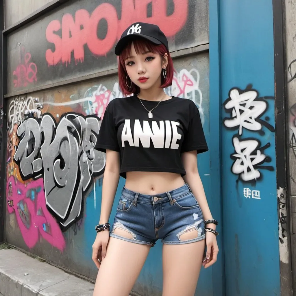 Prompt: Little Annie hip-hop character female with extra large, revealing cleavand holy freyed tight jean shorts graffiti