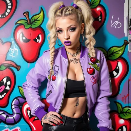 Prompt: Blonde ringlette pigtail hair tattoos revealing extra large cleavage full lips wearing designer makeup and tight pants with verticle slits in them graffiti art light purple leather bomber jacket medusa graffitti also eating a big cherries and lips graffiti art bomber jacket sedusa