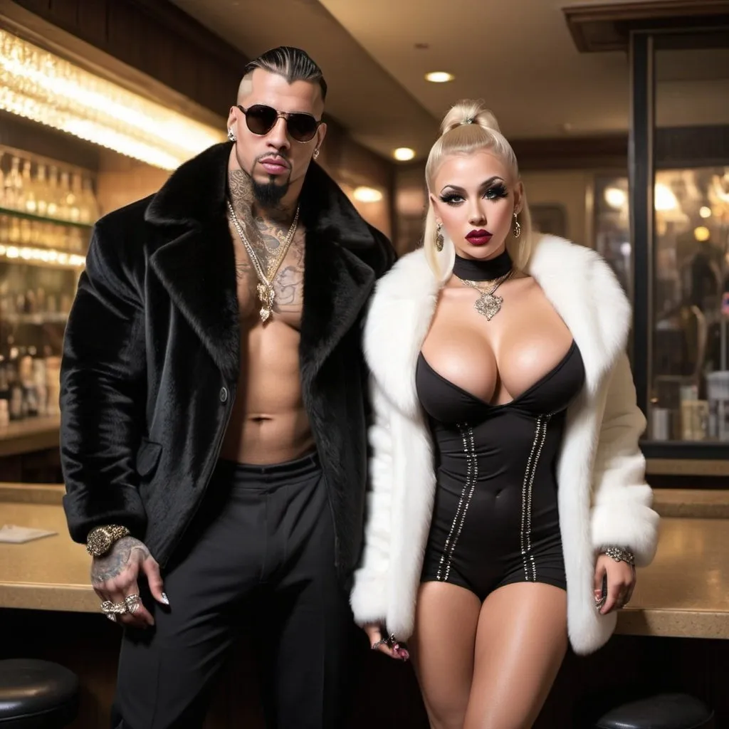 Prompt: Blonde ringlette pigtail hair nateral hip-hop human female with extra large revealing cleavage full lips wearing designer makeup and holy freyed tight outfit fur coat high heels on a date with a muscular tattooed dark haired gangster man with bling