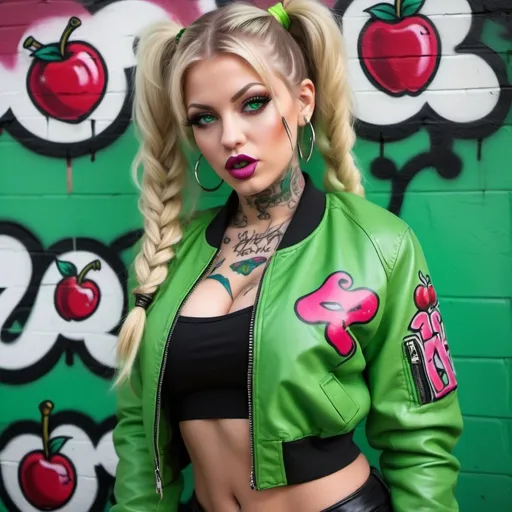 Prompt: Blonde ringlette pigtail hair green eyes tattoos revealing extra large cleavage full lips wearing designer makeup and tight pants with verticle slits in them graffiti leather bomber jacket medusa neon green graffitti also eating a big cherry
