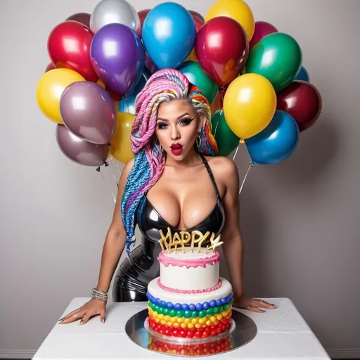 Prompt: boquets of chrome kiss lips balloons chrome Rainbow medusa microbraided blonde and rainbow hair revealing extra large cleavage full lips
with high heel shoes lip shaped balloons multicolored and coming outta the top of a birthday cake 