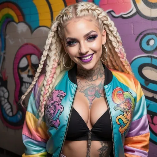 Prompt: A smiling caucasian blonde rainbow pastel microbraided long hair full lips designer make up revealing extra large cleavage tattoos wearing a 2 piece exotic night ware and a medusa graffiti designed leathet bomber jacket 