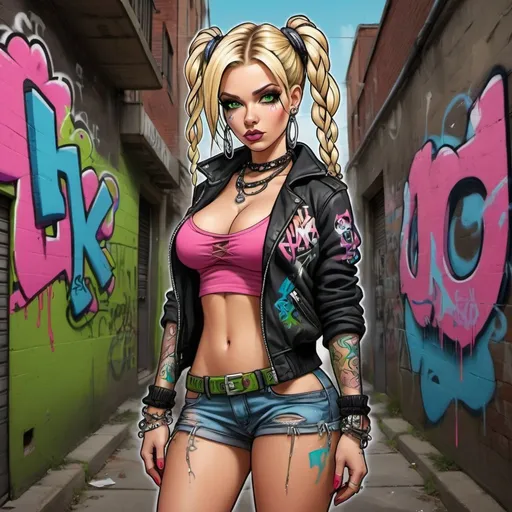 Prompt: cartoon charachture graffitti art blonde multicolored microbraided hair female with green eyes revealing extra large cleavage and tight multicolored graffiti outfit and shoes multicolored pink blue gothic punk steam punk emo exotic classy gangster pose original graffiti tech touch in the street
