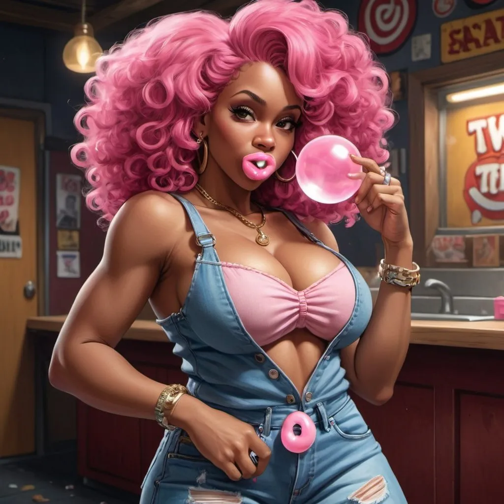 Prompt: Little Annie hip-hop character female with extra large revealing cleavage and holy freyed tight jeans chewing bubble gum and Is twisting it around her finger