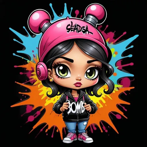 Prompt: A graffiti female cartoon charachter bomb spray spray custom art -Sedusa Adornment on black backround