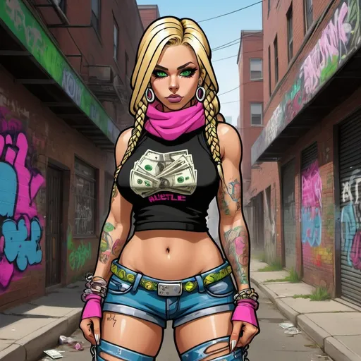 Prompt: A thug ghetto blonde cartoon characture multicolored microbraided hair female with green eyes revealing extra large cleavage  money dollar bills and tight multicolored graffiti outfit and shoes multicolored pink blue gothic punk steam punk emo exotic classy gangster pose  original graffiti tech touch the street hustle balaclava friends muscle 
