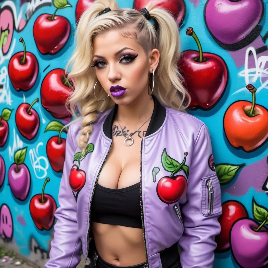 Prompt: Blonde ringlette pigtail hair tattoos revealing extra large cleavage full lips wearing designer makeup and tight pants with verticle slits in them graffiti art light purple leather bomber jacket medusa graffitti also eating a big cherries and lips graffiti art bomber jacket sedusa