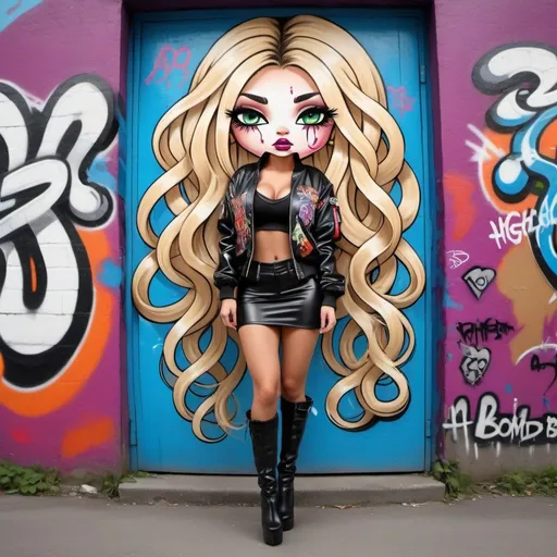 Prompt: Graffiti art face blond long microbraided long medusa hair charachter revealing cleavage graffiti art face make up leathe4 2 piece outfit with graffiti art bomber jacket thogh highheel boots