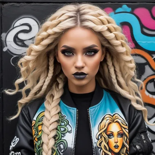 Prompt: Graffiti art face blond long microbraided long medusa hair charachter revealing cleavage graffiti art face make up leathe4 2 piece outfit with graffiti art medusa bomber jacket 