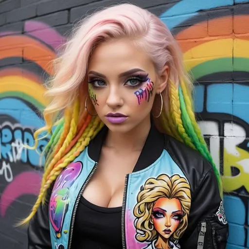 Prompt: Graffiti art face long microbraided medusa blonde rainbow pastel hair charachter revealing cleavage graffiti art face make up leathe4 2 piece outfit with graffiti art bomber jacket