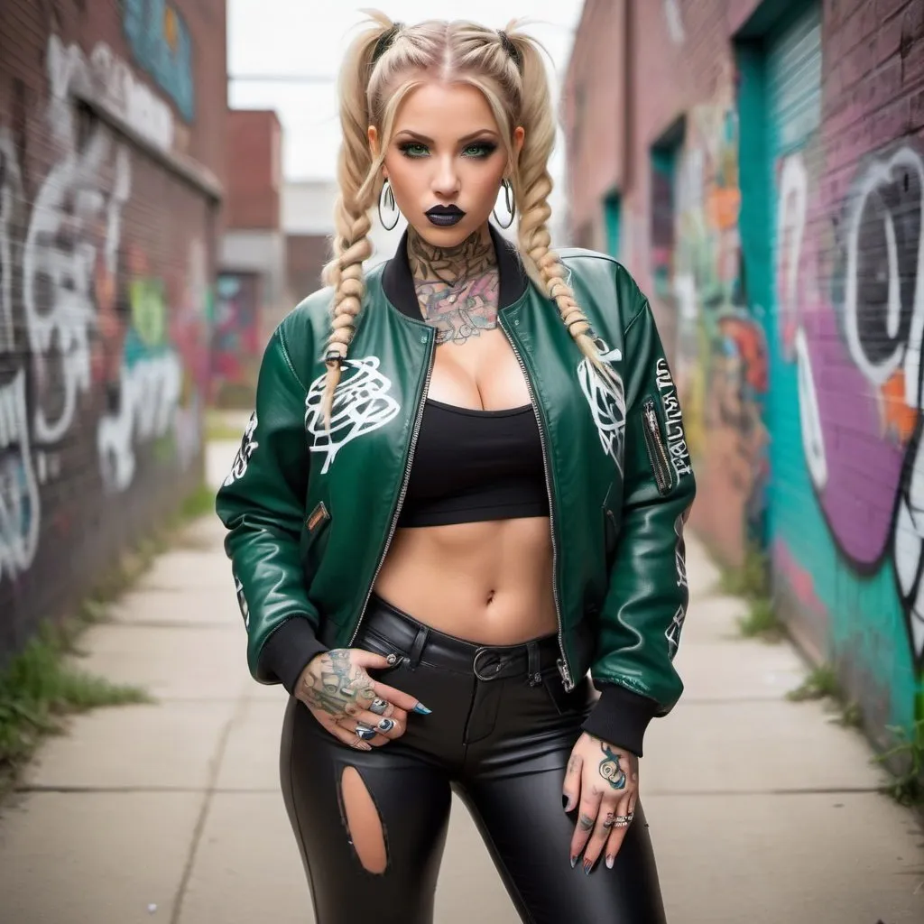 Prompt: Blonde ringlette pigtail hair green eyes also tattoos all over  revealing extra large cleavage full lips wearing designer makeup and tight pants with verticle slits in them graffiti leather bomber jacket medusa graffiti writong in white on jacket