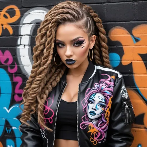 Prompt: Graffiti art face microbraided long medusa hair charachter revealing cleavage graffiti art face make up leathe4 2 piece outfit with graffiti art bomber jacket