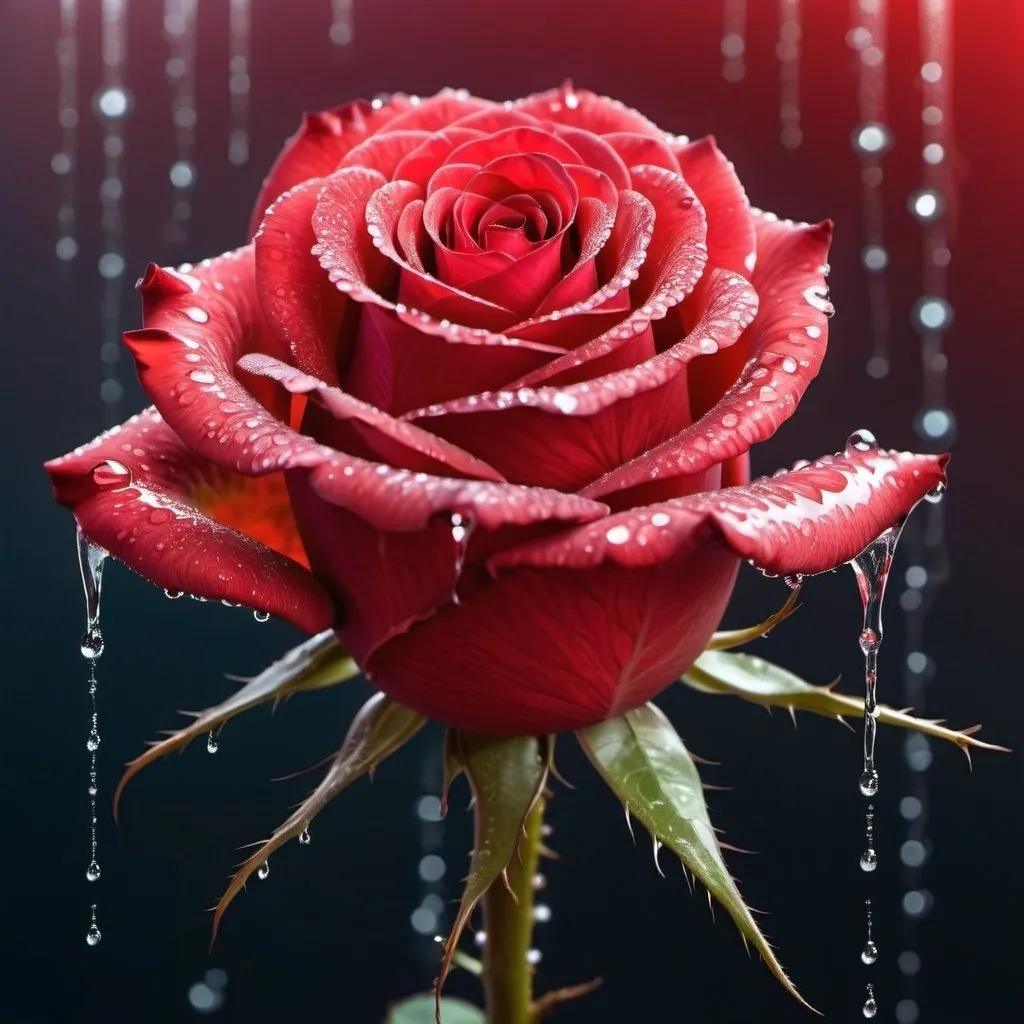 Prompt: A red  rose of a godlike light and brilliant detailed color with thorns of glittery dripping water and a hullucination expression of love and life 