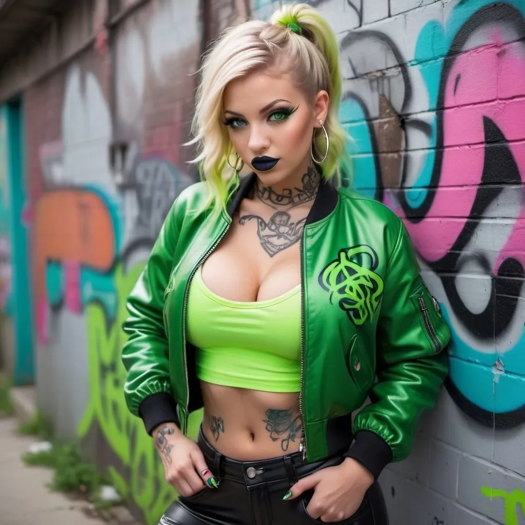 Prompt: Blonde ringlette pigtail hair green eyes also tattoos all over  revealing extra large cleavage full lips wearing designer makeup and tight pants with verticle slits in them graffiti leather bomber jacket medusa neon green graffitti 