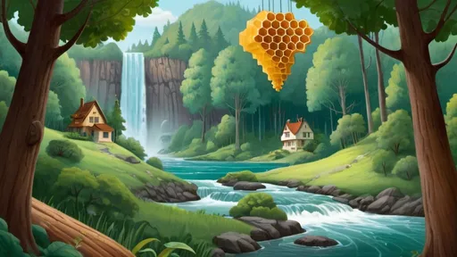 Prompt: a cartoon scene of a forest with a waterfall and a house in the background with a honeycomb hanging from the ceiling, Andries Stock, primitivism, storybook illustration, a detailed matte painting