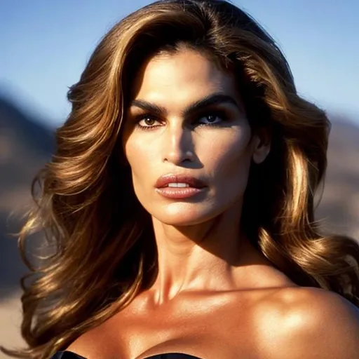 Prompt: Soldier,Angry, beautiful Cindy CRAWFORD SYMMETRICAL AND PROPORTIONATE FACE WITH captivating, almond-shaped eyes that are hazel, high cheekbones, well-defined jawline,luscious mane of thick, wavy brown hair, slender yet curvaceous physique, feminine proportions and an hourglass shape.