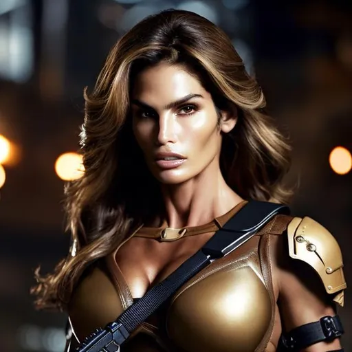 Prompt: Soldier,tactical, Angry, beautiful Cindy CRAWFORD SYMMETRICAL AND PROPORTIONATE FACE WITH captivating, almond-shaped eyes that are hazel, high cheekbones, well-defined jawline,luscious mane of thick, wavy brown hair, slender yet curvaceous physique, feminine proportions and an hourglass shape. Holding a military rifle.