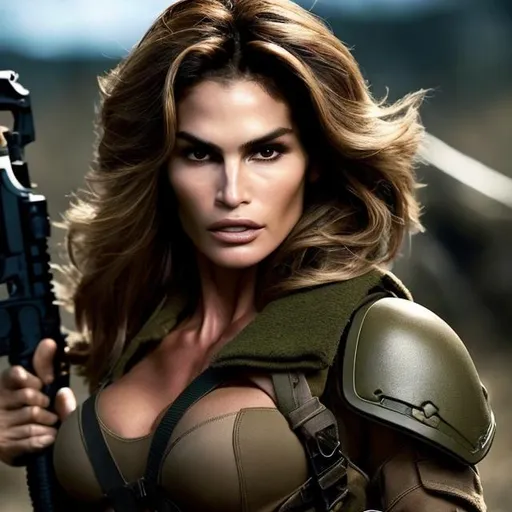 Prompt: Soldier,tactical, Angry, beautiful Cindy CRAWFORD SYMMETRICAL AND PROPORTIONATE FACE WITH captivating, almond-shaped eyes that are hazel, high cheekbones, well-defined jawline,luscious mane of thick, wavy brown hair, slender yet curvaceous physique, feminine proportions and an hourglass shape. Holding a military rifle.