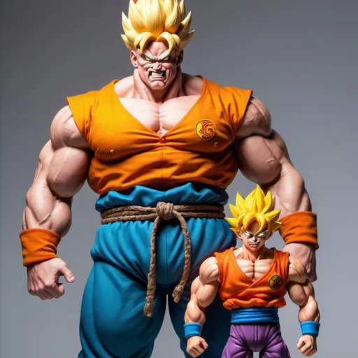 Prompt: giga chad king standing on gokus body with a evil smirk