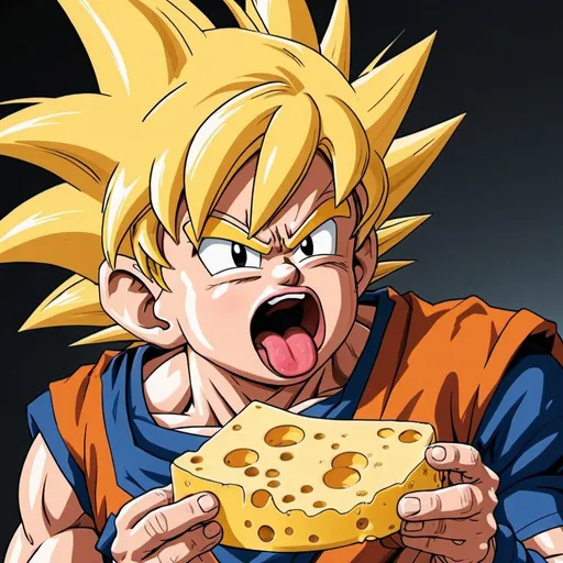 Prompt: goku licking chesse evilly