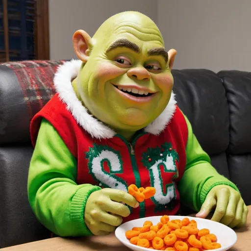 Prompt: shreks cousin on crack eating cheetos and wearing a christmas jacket in september