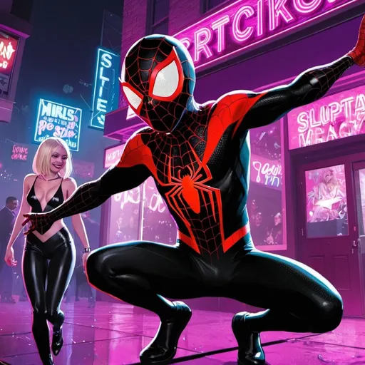 Prompt: MILES MORALES SHOOTING WEBS AT GWEN STACY IN FRONT OF A STRIP CLUB