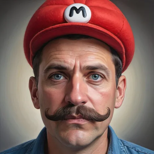 Prompt: a man with a mustache and a red hat on his head with a mustache on his head and a mustache on his face, Chris LaBrooy, hyperrealism, hyper realistic face, a photorealistic painting and looks like mario