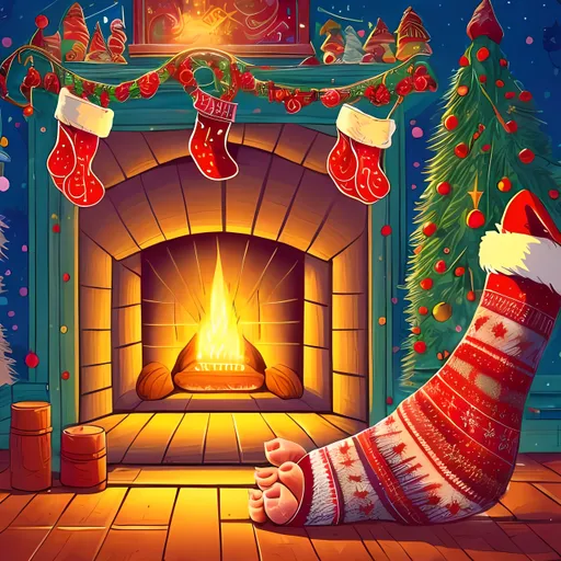 Prompt: close up of a bare foot with a Santa hat on the toe, warm and cozy fireplace in the background, vibrant and cheerful colors, detailed linework, playful art style, warm and inviting lighting, fireplace ambiance, best quality, highres, detailed linework, cartoon style, festive, vibrant colors, cozy atmosphere