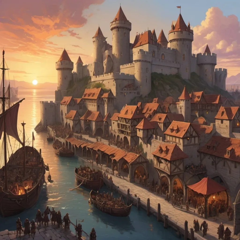 Prompt: Archipeligo, fortress, fantasy, dungeons and dragons, port city, medieval, sunset, crowded