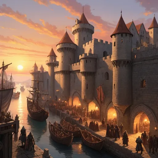 Prompt: Archipeligo, fortress, fantasy, dungeons and dragons, port city, medieval, sunset, crowded