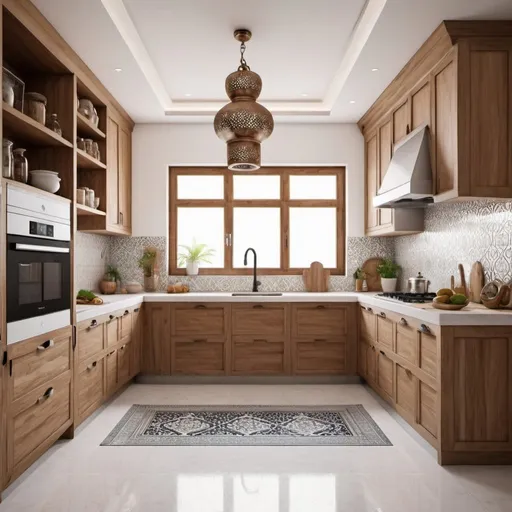 Prompt: create a modern arabic kitchen in white and wood