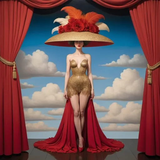 Prompt: The showgirl embodies a surreal elegance, reminiscent of the iconic works of René Magritte. Her red dress, infused with golden hues, seems to defy gravity as it cascades around her in fluid motion. The fabric, adorned with shimmering sequins and feathers, evokes a dreamlike quality, capturing the essence of Magritte's imaginative world.

Perched atop her head is a golden bowler hat, adorned with intricate designs that mirror the artist's surreal aesthetic. The hat, seemingly suspended in mid-air, adds an enchanting touch to her ensemble, as if plucked from one of Magritte's paintings and brought to life on stage.

As the showgirl moves gracefully across the stage, she is surrounded by a surreal backdrop of floating clouds, bathed in hues of gold and crimson. These ethereal clouds, reminiscent of Magritte's iconic imagery, add an otherworldly charm to the scene, enhancing the mystique of the performance.

With each mesmerizing step, the showgirl captivates the audience, embodying the surreal glamour of Magritte's artistry. Her presence on stage is a dazzling spectacle, blending elements of fantasy and reality into a harmonious display of beauty and intrigue.