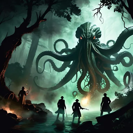 Prompt: eldritch horror investigators, 1920's, in dark forest, fighting Lovecraftian horror, spooky, epic action shot, call of Cthulhu rpg, beautiful illumination, mist, 8k, HD, elder gods, the great old ones