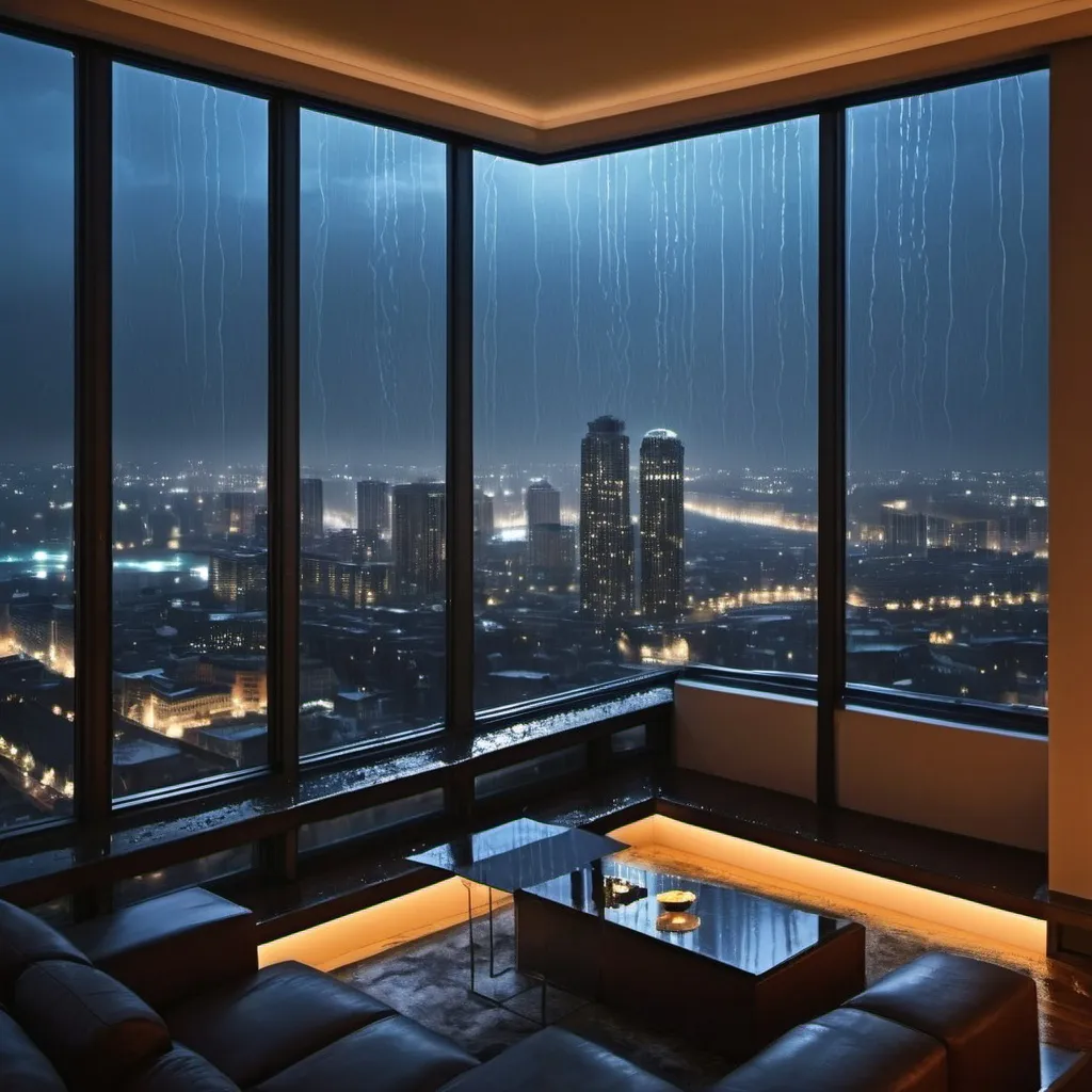 Prompt: penthouse view of the city at night with rain