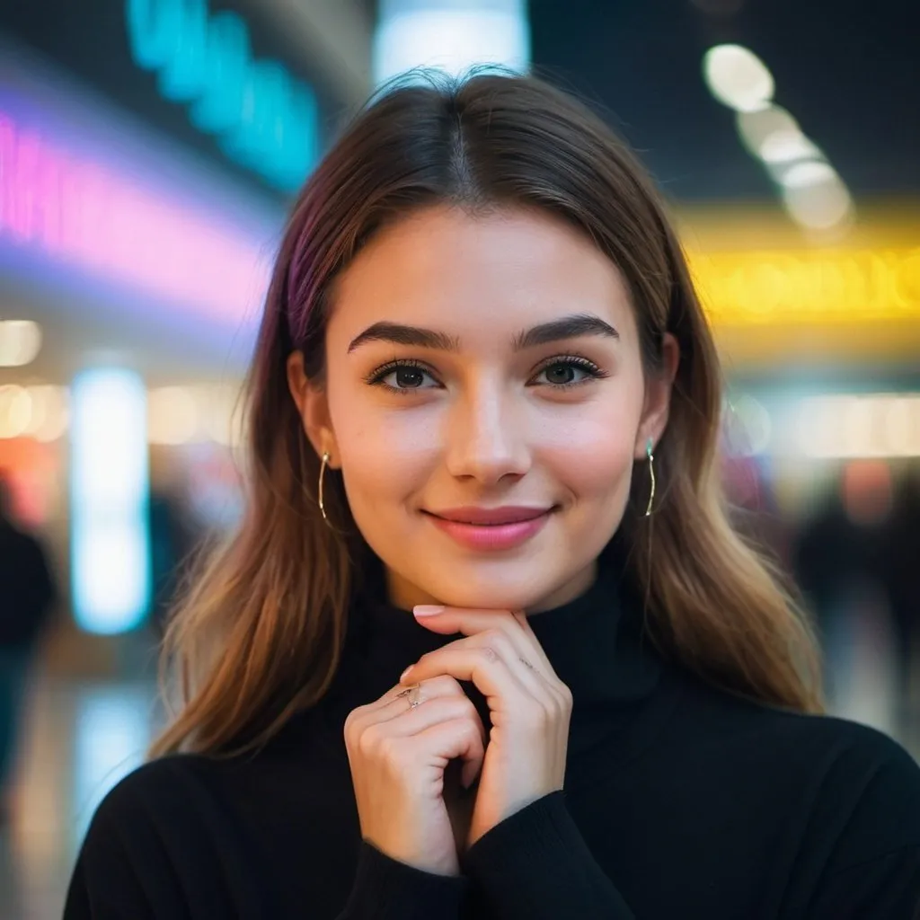 Prompt: shopping mall, neon, fog, volumetric, close-up portrait photo of a smiling young woman in dark clothes, with her hand on her cheek
