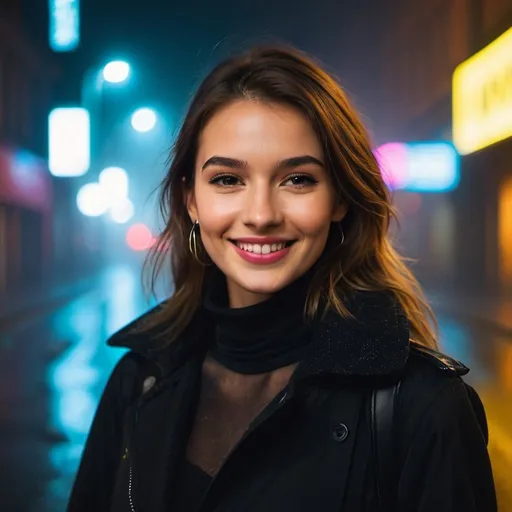 Prompt: city street, neon, fog, volumetric, closeup portrait photo of young woman smiling in dark clothes
