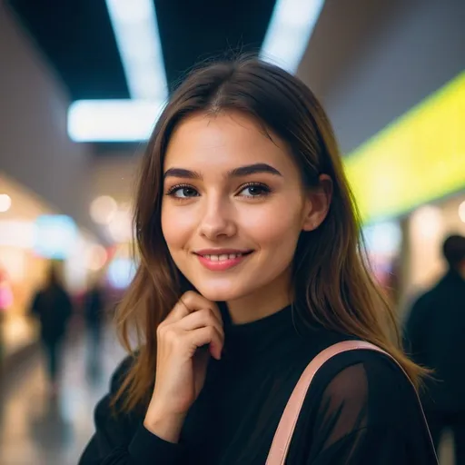 Prompt: shopping mall, neon, fog, volumetric, close-up portrait photo of a smiling young woman in dark clothes, with her hand on her cheek
