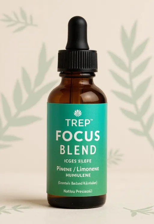 Prompt: A sleek amber glass bottle stands prominently against a soft, muted beige background, adorned with gentle outlines of leaves that evoke a sense of calm and nature. The bottle features a black dropper cap and a vibrant turquoise label boldly displaying "TREP TOPIA FOCUS BLEND" in white lettering, complemented by additional details about its effects and key ingredients like Pinene, Limonene, and Humulene. The overall composition exudes a modern, clean aesthetic, suggesting a focus on natural wellness, with an emphasis on simplicity and clarity. This product conveys a message of concentration and balance, appealing to those seeking to enhance their mental clarity.