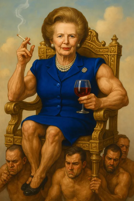 Prompt: Margaret thatcher with muscular arms, wearing a necklace of pearls and pearl earrings, holding a lit cigarette in her right hand and a glass of red
Wine in her right hand sitting on a big golden throne that’s being carried by a group of men 