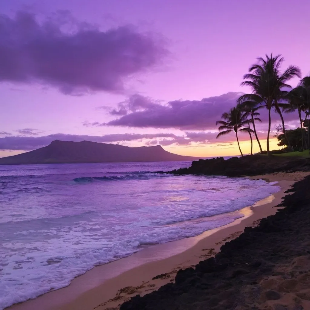 Prompt: A purple sunset on a hawaiian island