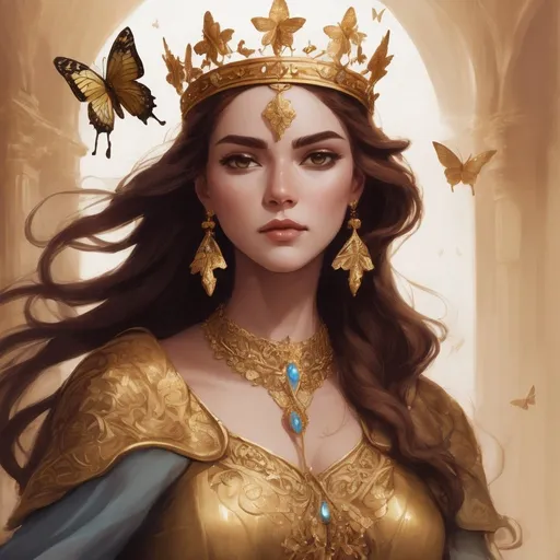 Prompt: a lady with a sword in her hand standing with full confidence. she has a golden crown on her head, the crown has beautiful detailing, and it has a butterfly carved in it. also, she is wearing a golden gown, with beautiful details. she has a necklace and small earrings. she is wearing some hand jewelry too. her skin tone is brown with light brown eyes. her hair color is also brown. her hairs are too wavy and long. her hairs are falling on her face too.