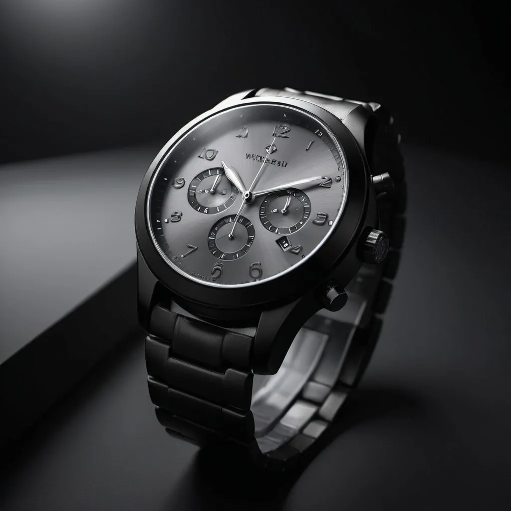 Prompt: a watch poster with an elegant aura and set up is all black and grey with proper elegant light effects.


