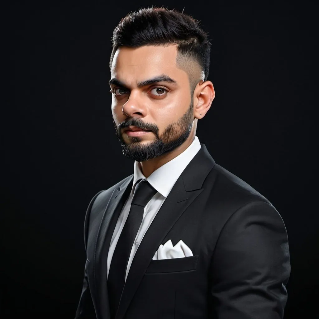 Prompt: Virat Kohli poster, elegant black suit, sophisticated aura, professional portrait, high quality, elegant vibe, black background, detailed facial features, sleek design, professional lighting, black suit, elegant aura, best quality make it look more realistic
